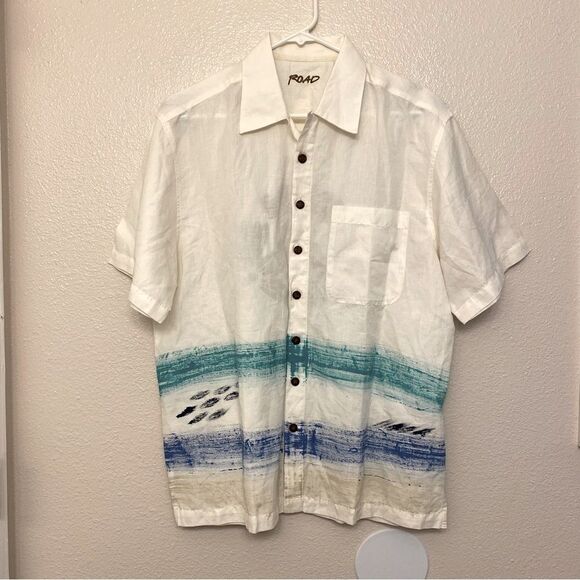 ROAD mens Cotton linen blend Short Sleeve button up Shirt coastal beachy -M - Picture 3 of 9